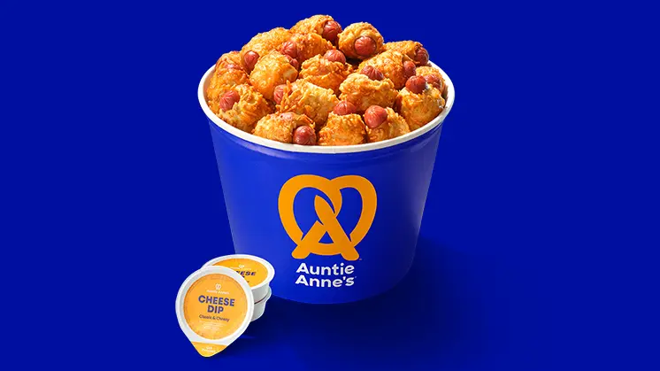 Auntie Anne’s Menu With Prices, Calories, and Best Items 2026 2 Crispy Cheesy Mini Pretzel Dogs Bucket